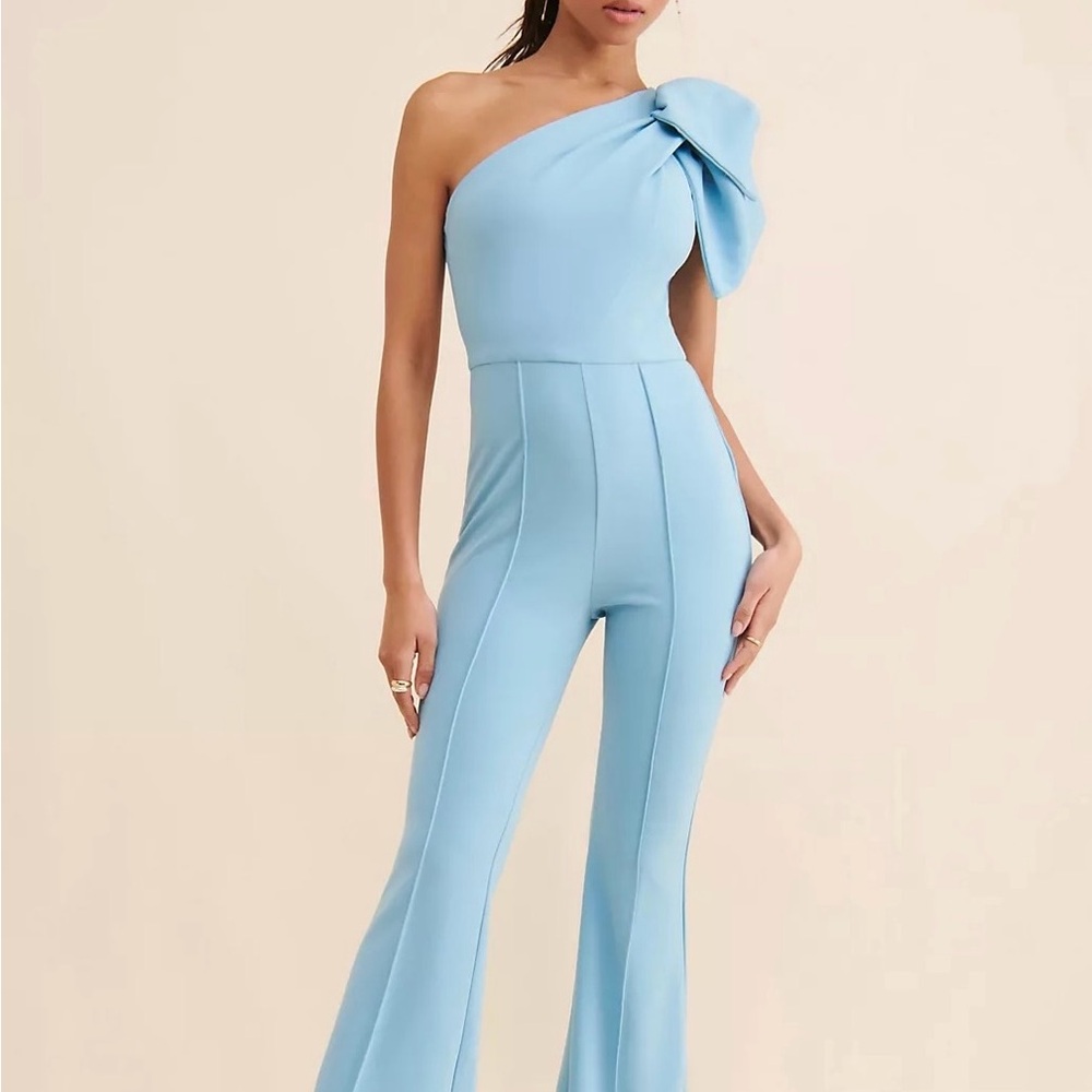 Free People One-Shoulder Light Blue Bow Jumpsuit